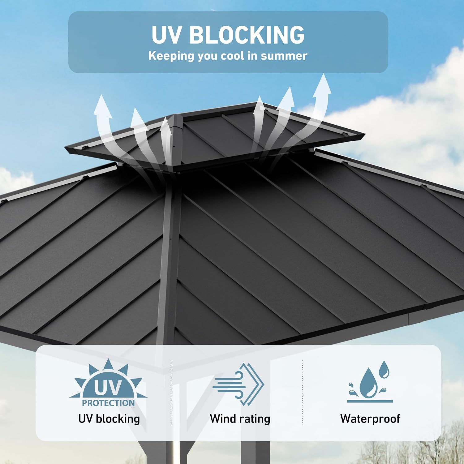Big Leaf 10' x 12' Hardtop Gazebo with LED Strip Lights – Galvanized Steel Double Roof, USB and USB-C connectors, Mosquito Netting and Curtains – Outdoor Metal Gazebo for Decks and Backyards, Black