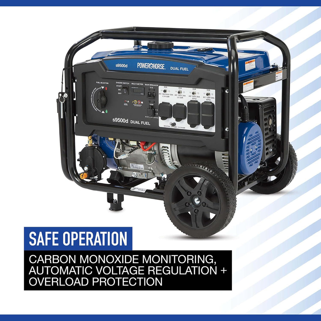 Powerhorse Portable Generator, 9500 Surge Watts, 7500 Rated Watts, 120/240V, Dual Fuel, Electric Start, CO Shutdown