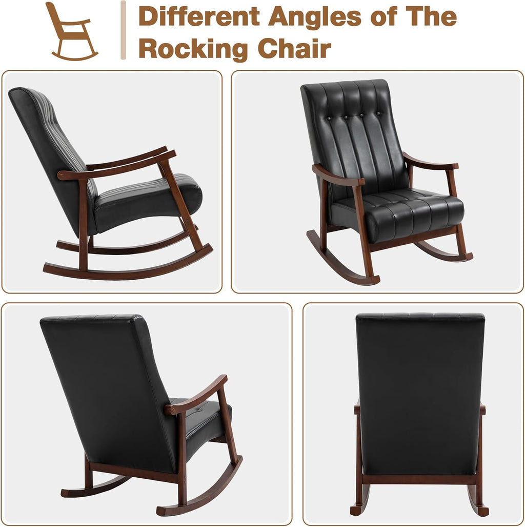 AVAWING Upholstered Rocking Chair with PU Leather Padded Seat,Comfortable Rocker Solid Wood for Living Room,Modern High Back Armchair,Adult Single Sofa,Old Man Chair (Black)