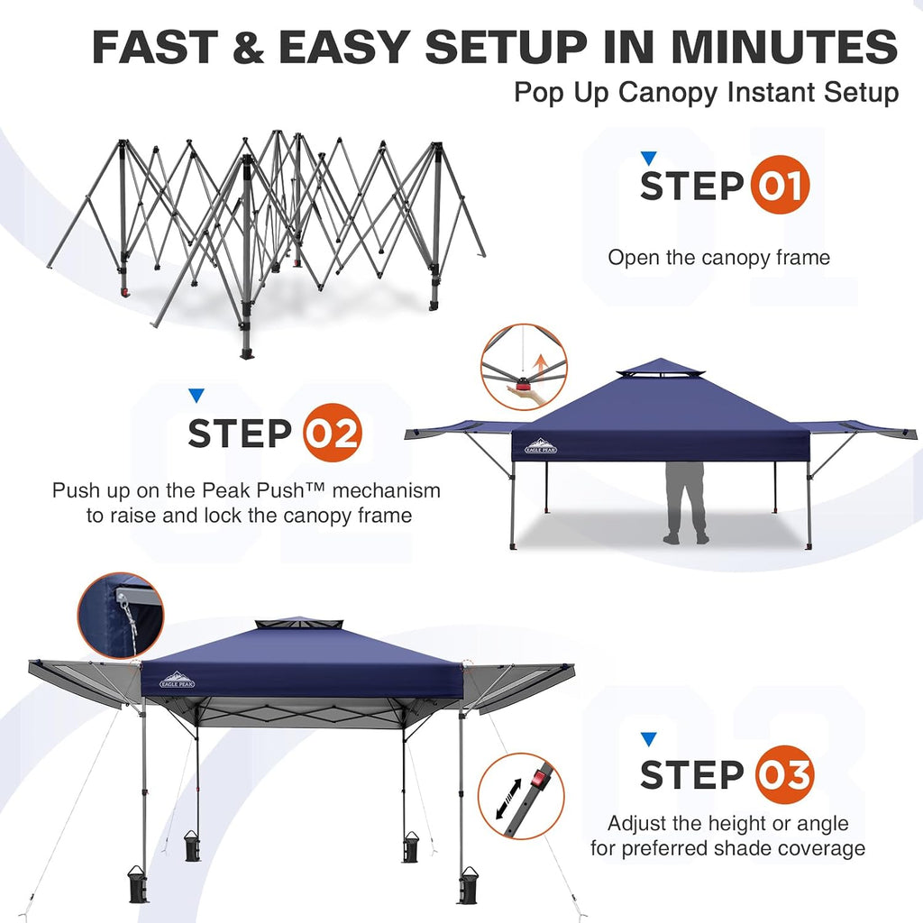 EAGLE PEAK 17x10 Pop up Gazebo Canopy Tent Outdoor Instant Canopy Shelter with Adjustable Dual Half Awnings (Blue)