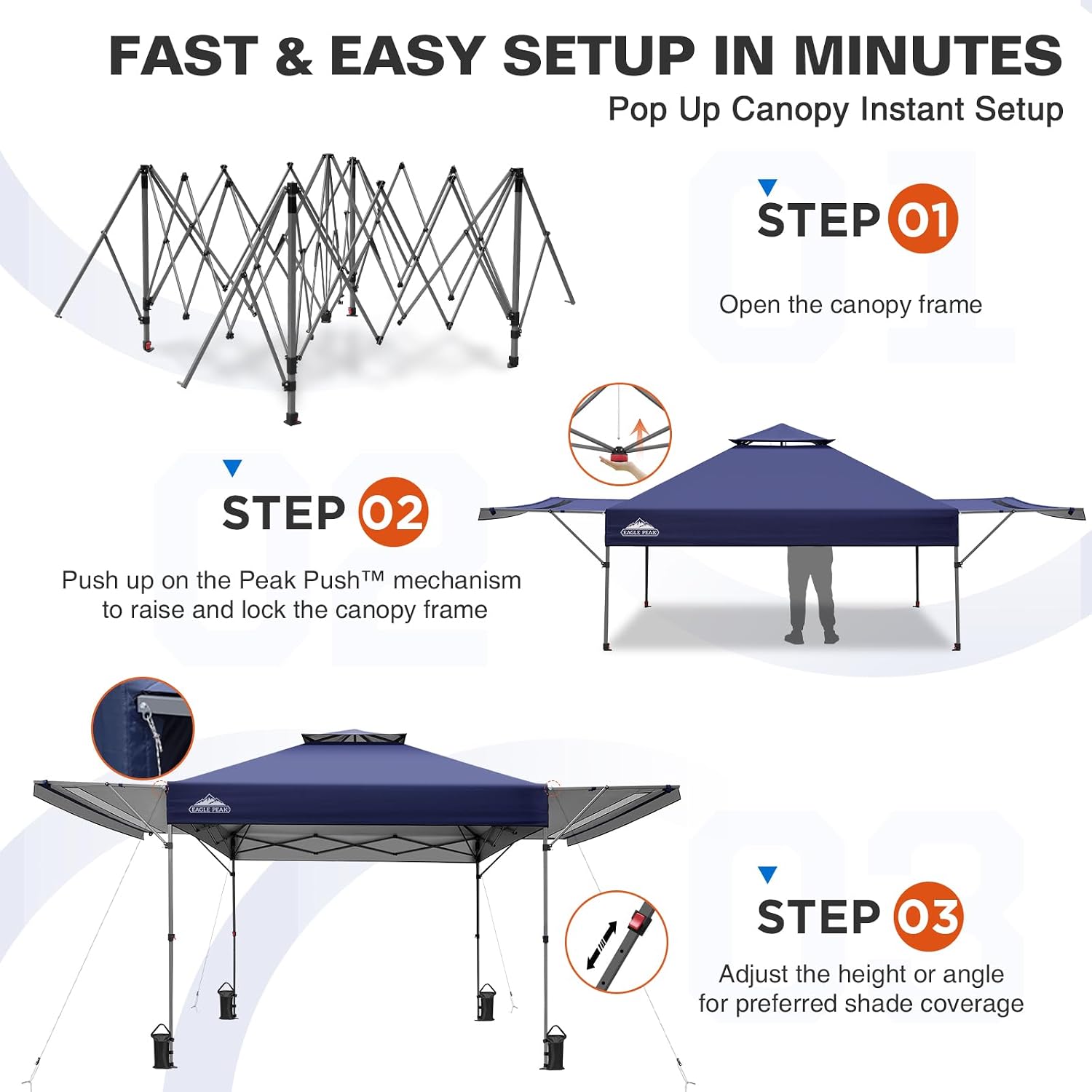 EAGLE PEAK 17x10 Pop up Gazebo Canopy Tent Outdoor Instant Canopy Shelter with Adjustable Dual Half Awnings (Blue)