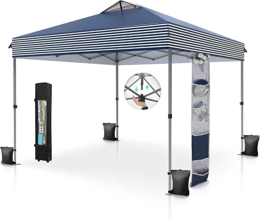MFSTUDIO 10x10 Pop up Canopy Tent, Gazebo Shelter Sun Shade Canopies One Push Setup Portable Popup Easy Set up Tents with Vented Top,Storage,4 Sandbags,for Beach,Parties,Camping