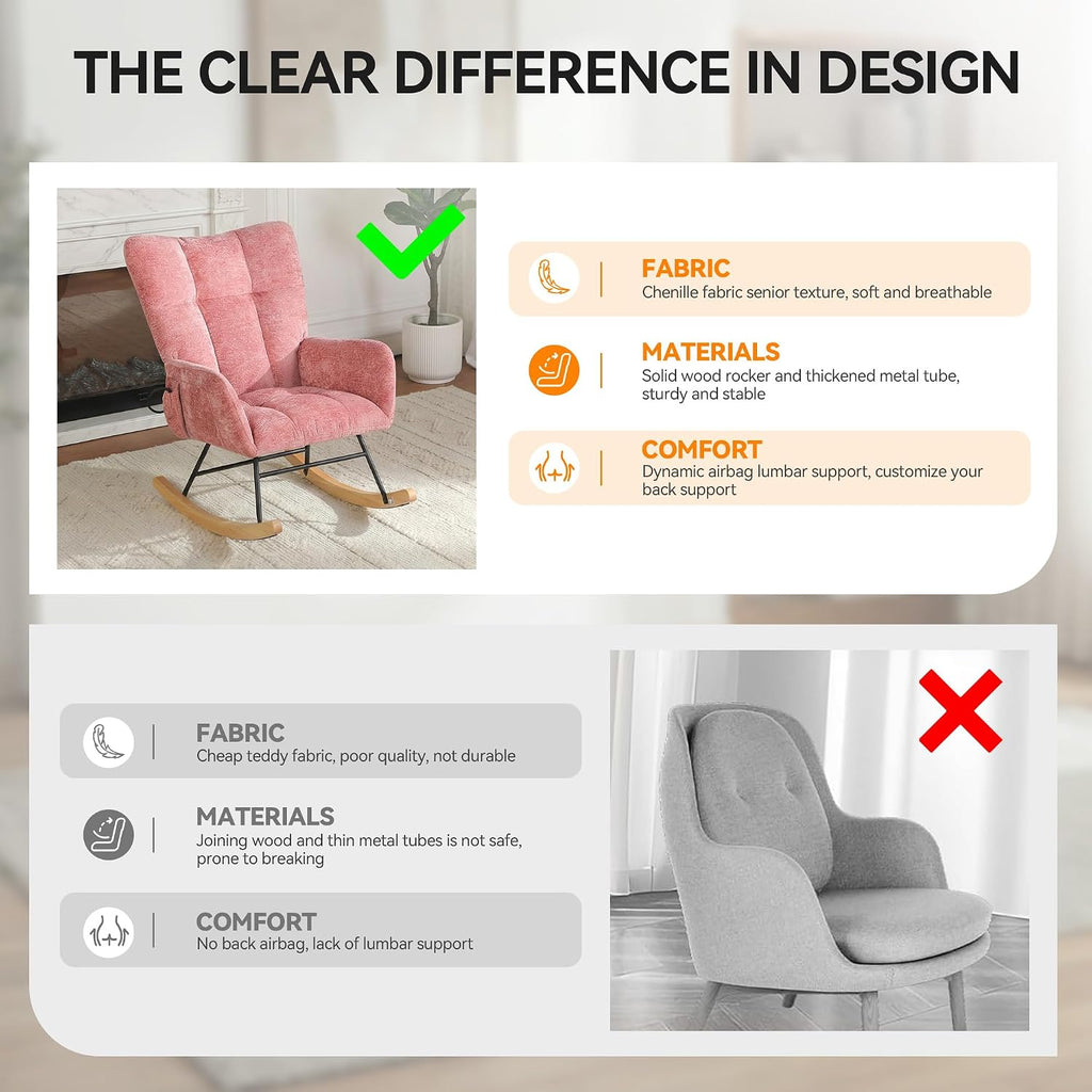 Rocking Chair with Airbag, Comfy Modern Reading & Nursing Nursery Rocking Chair Indoor, Cozy Upholstered Glider Rocker Chairs for Living Room Bedroom Offices, (Chenille, Pink)
