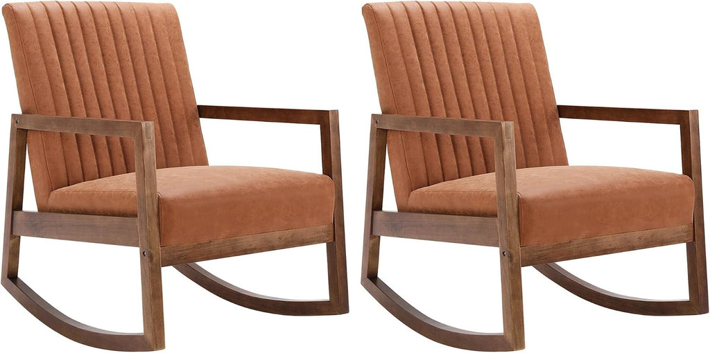 VESCASA Upholstered Faux Leather Rocking Chairs with Channel-Tufted Back, Mid-Century Modern Comfy Rockers with Black Walnut Wood Frame for Nursery Living Bedroom Indoor, Set of 2, Burnt Orange
