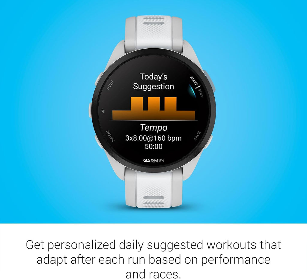 Garmin Forerunner 165 Music, Running Smartwatch, Colorful AMOLED Display, Training Metrics and Recovery Insights, Music on Your Wrist, Whitestone