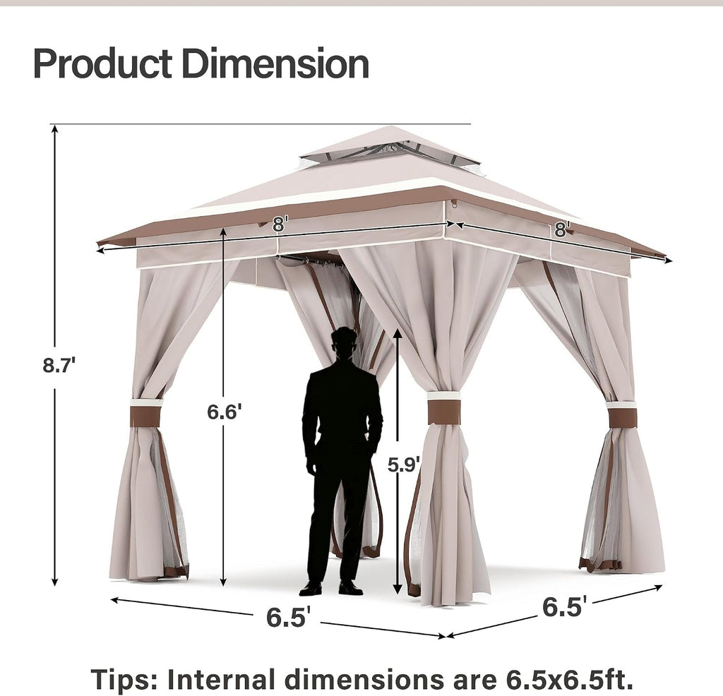 LAUSAINT HOME 8'x8' Outdoor Gazebo with 50FT String Lights, Metal Heavy Duty Patio Canopy Tent with Double Roofs, Mosquito Nettings and Privacy Screens for Backyard, Garden, Lawn, Classic Khaki