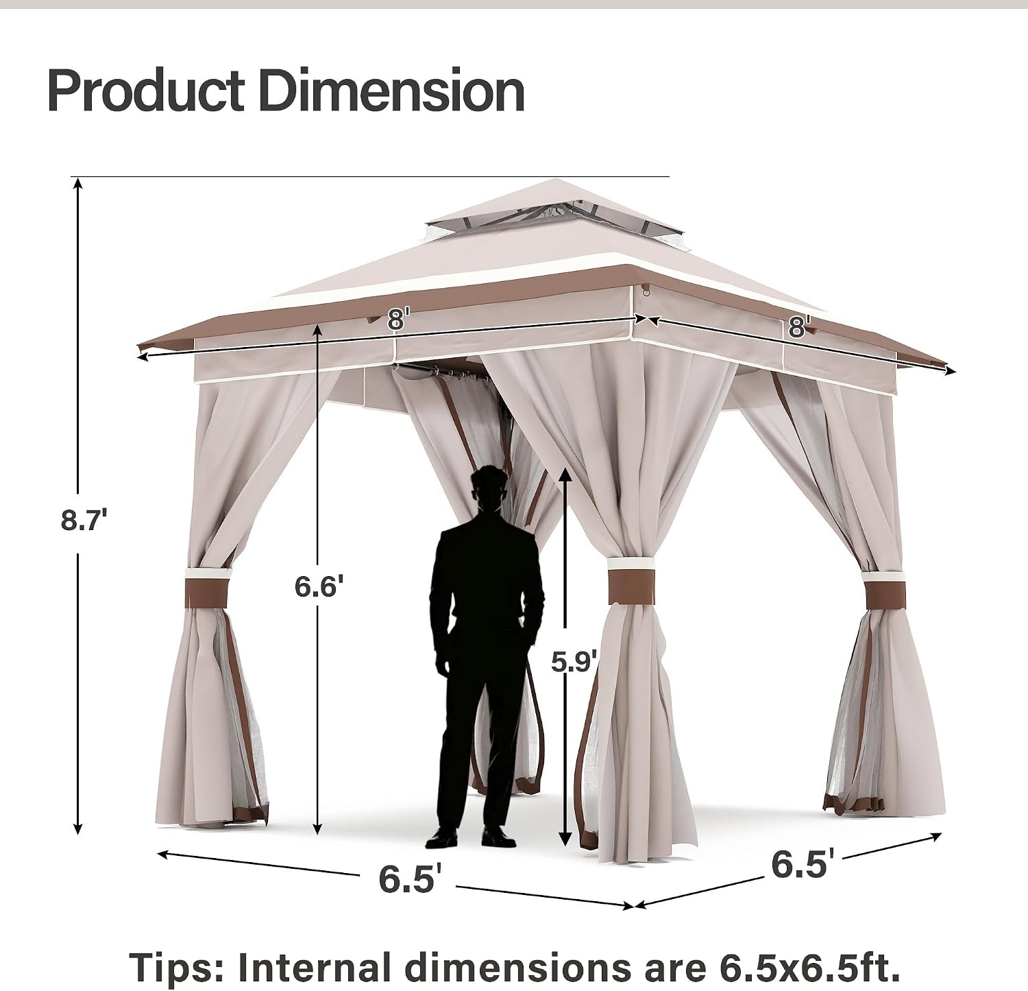 LAUSAINT HOME 8'x8' Outdoor Gazebo with 50FT String Lights, Metal Heavy Duty Patio Canopy Tent with Double Roofs, Mosquito Nettings and Privacy Screens for Backyard, Garden, Lawn, Classic Khaki