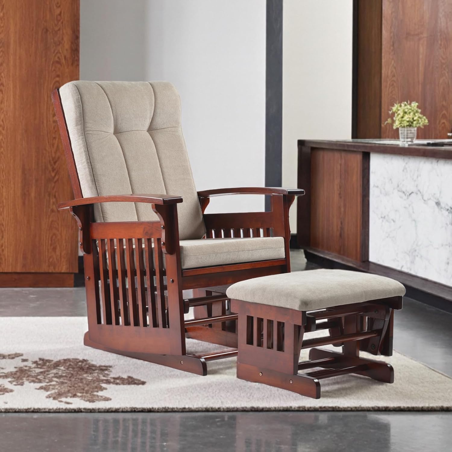 Glider Rocking Chair Nursery with Ottoman Smooth Rocking Motion, Easy to Assemble, Solid Hardwood Base Indoor Adult (Cream White)