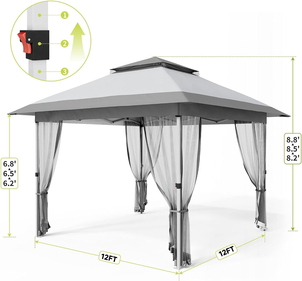 12x12ft Instant Pop Up Gazebos, Modern Waterproof Canopy Tent with Mosquito Netting, Outdoor Canopy Shelter with Wheeled Carry Bag for Patio/Garden/Backyard/Party-All-Weather&All Season(Gray+White)