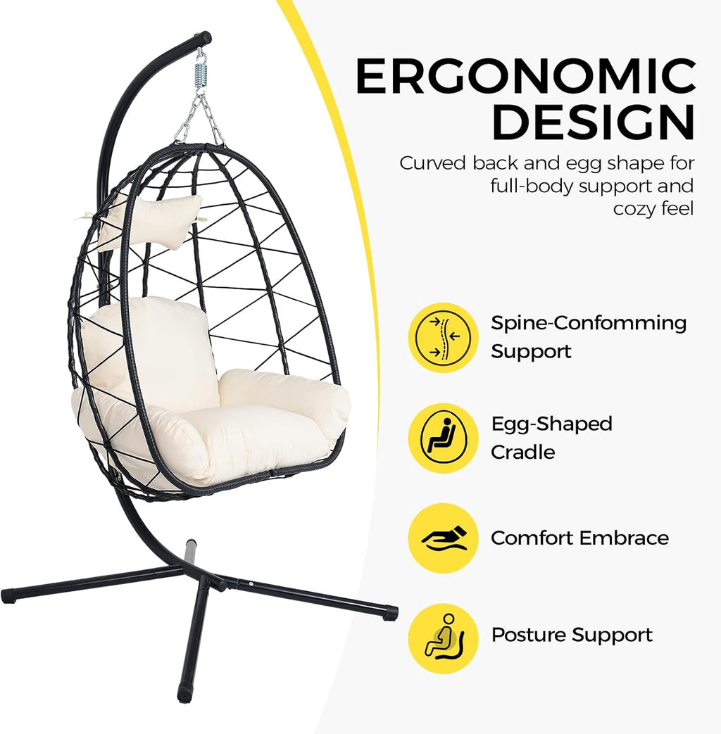 Egg Chair with Stand, Wicker Hanging Chair for Outdoor Patio, Cushioned Hammock Swing for Bedroom Garden Indoor/Outdoor, Double-Zipper Structure Hanging Egg Chair (Black and White)
