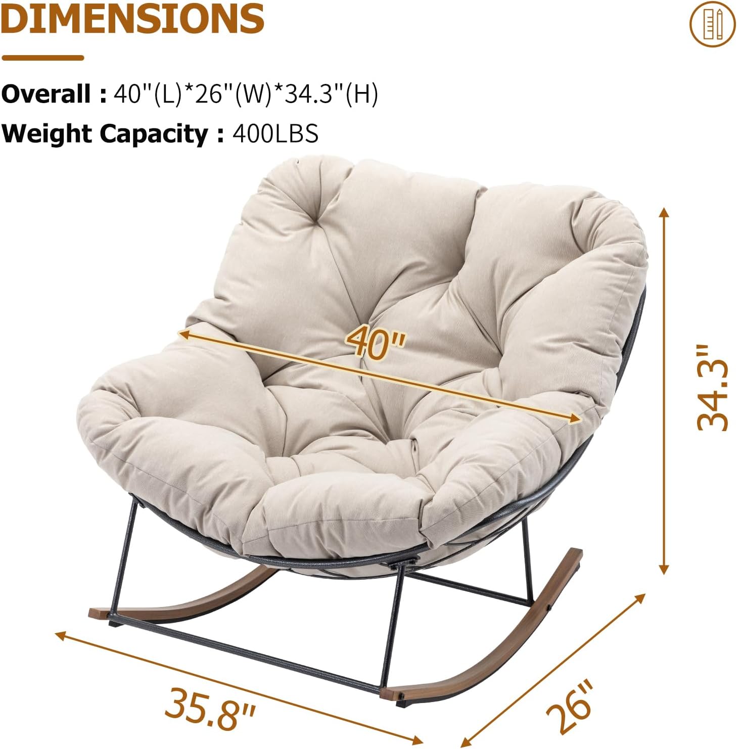 Outdoor Rocking Chair, 400 lbs Sturdy Frame with Thick Cushion,Patio Papasan Chair for Bedroom, Living Room, Porch, Garden(Beige)
