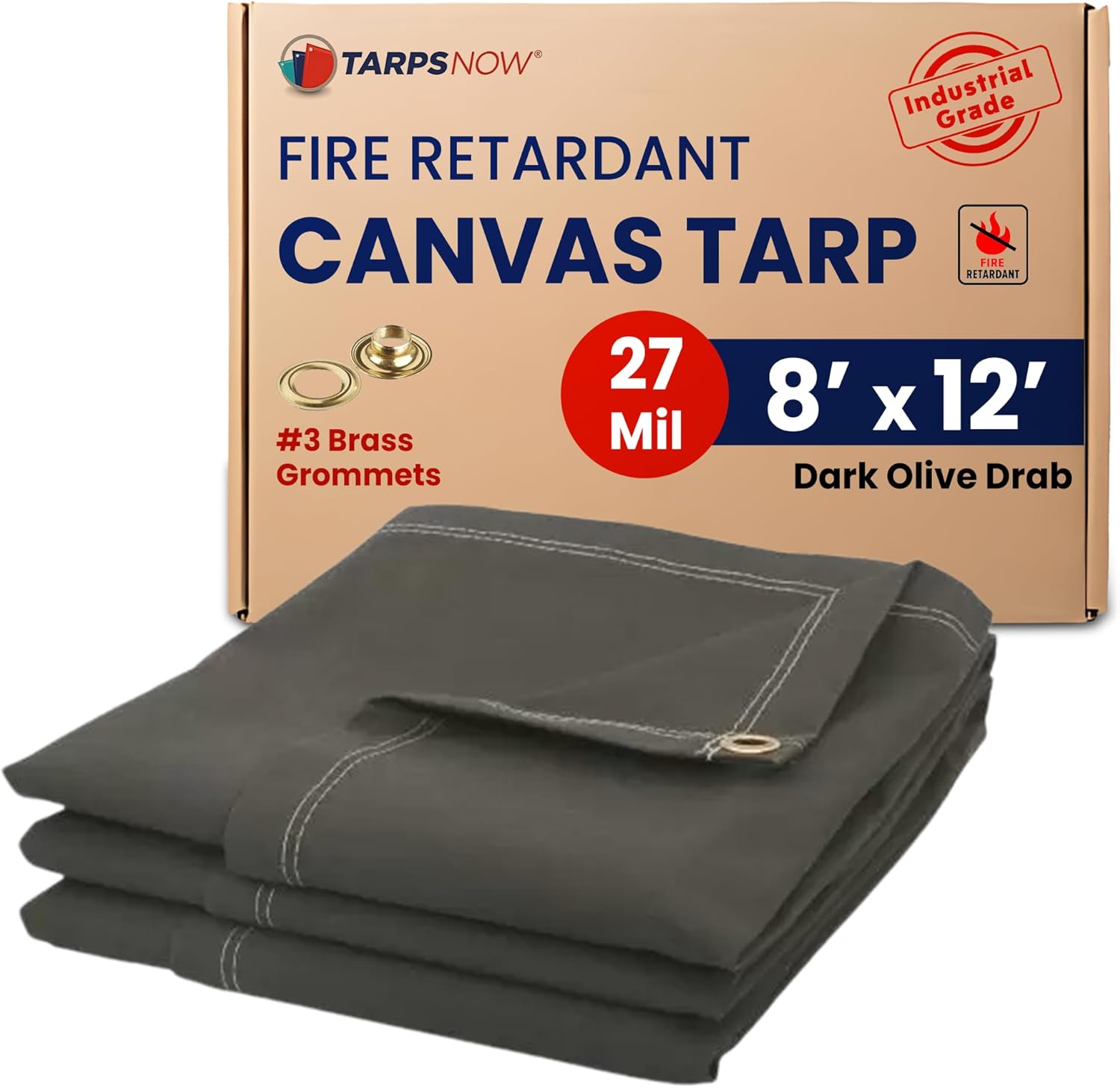 Tarps Now 8x12 Ft Fire Retardant Canvas Tarp with Brass Grommets - 27 Mil Industrial Grade Heavy Duty Tarp for Camping, Construction, Residential, and Agriculture - 16oz, Olive Drab