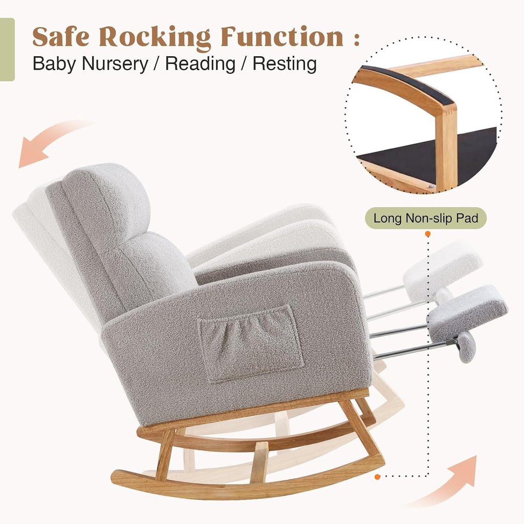 HCHAIRH Rocking Chair Nursery with Foot Rest, Teddy Nursing Rocking Chairs for Mom Nursery, Rocker Glider Chair with Footrest for Living Room, Bedroom, Light Gray
