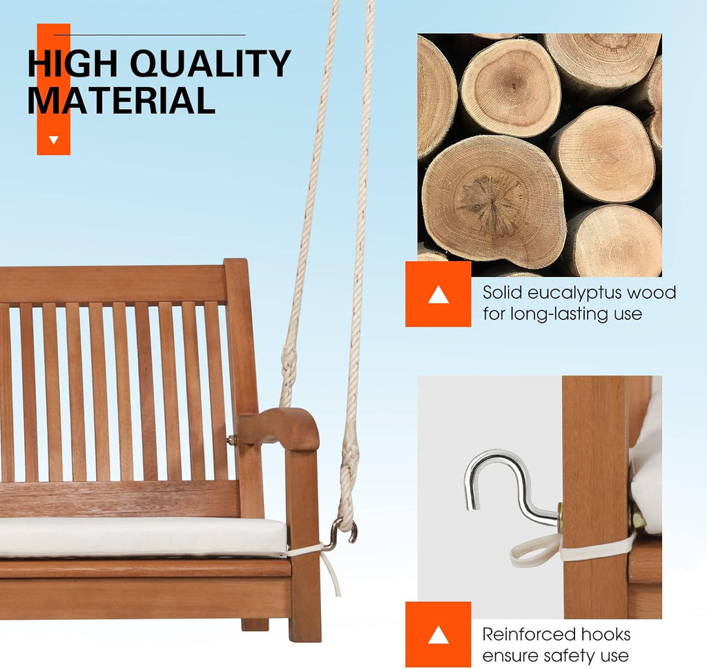 Tangkula 2 Person Hanging Porch Swing, Outdoor Bench Swing with Hanging Ropes, High Back, Cozy Armrests, Heavy Duty 800Lbs Wooden Hanging Swing Chair with Cushion for Backyard, Deck, Garden Natural