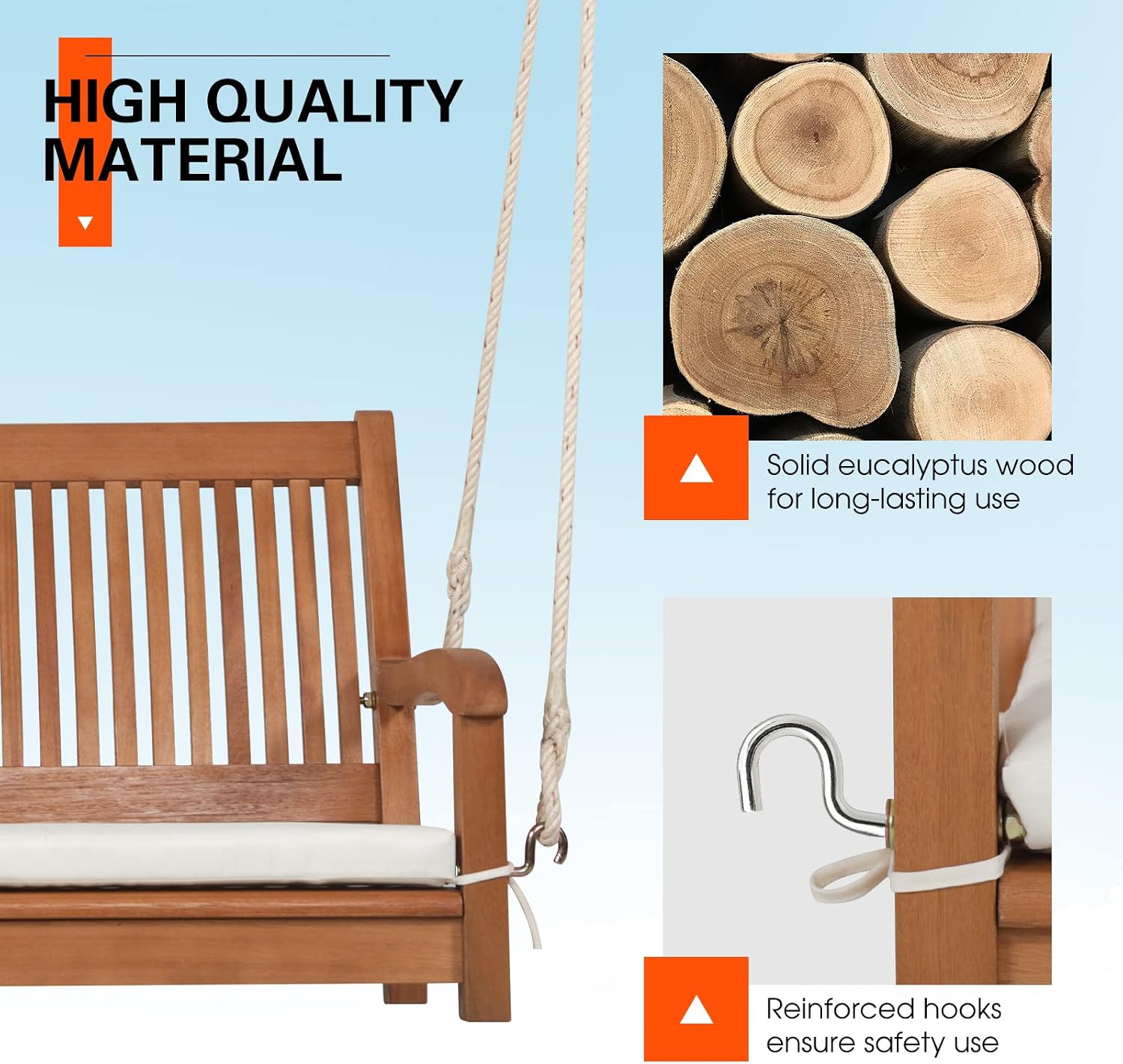 Tangkula 2 Person Hanging Porch Swing, Outdoor Bench Swing with Hanging Ropes, High Back, Cozy Armrests, Heavy Duty 800Lbs Wooden Hanging Swing Chair with Cushion for Backyard, Deck, Garden Natural