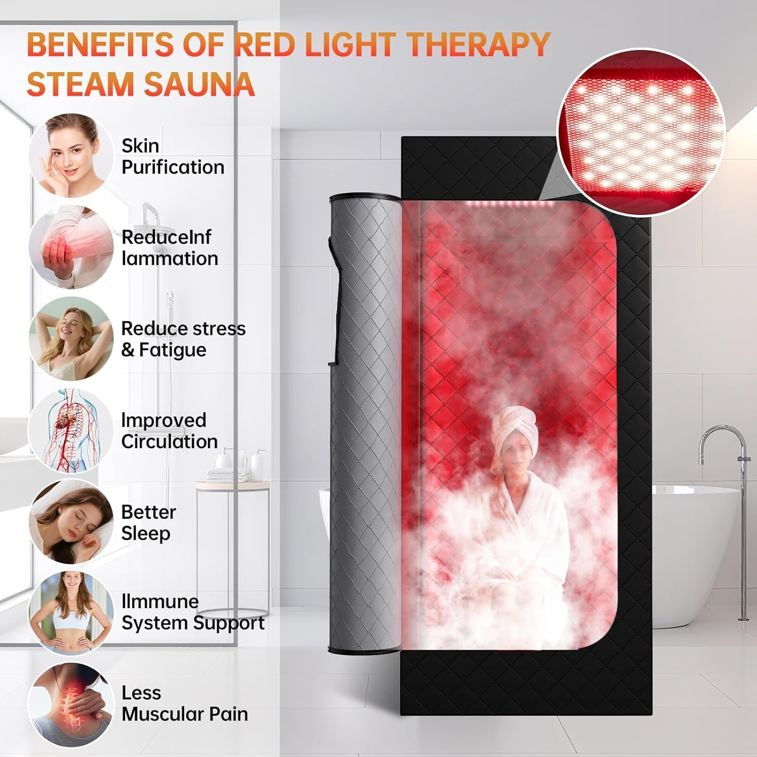 Infrared Sauna Box, Portable Sauna with 660nm Red Light Therapy & 850nm,5-Layer Waterproof, 3L 1300W Steamer,Folding Chair,for Home Sauna Spa Personal Saunas Tent Indoor Outdoor