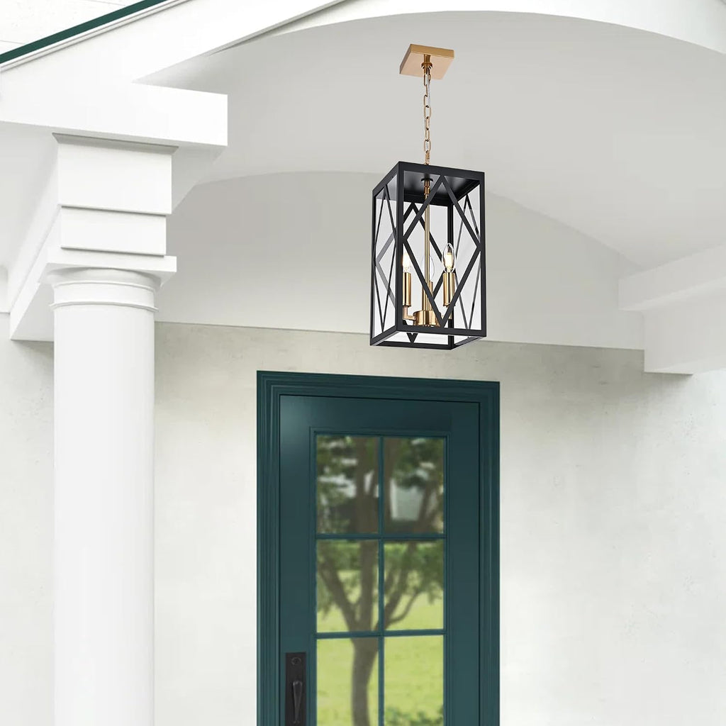 15.7'' Outdoor Pendant Light Black Brass, Exterior Ceiling Hanging Lantern Porch Light with Clear Glass, Outdoor Hanging Lantern Lighting Exterior Pendant Lighting Fixture for Porch, Gazebo
