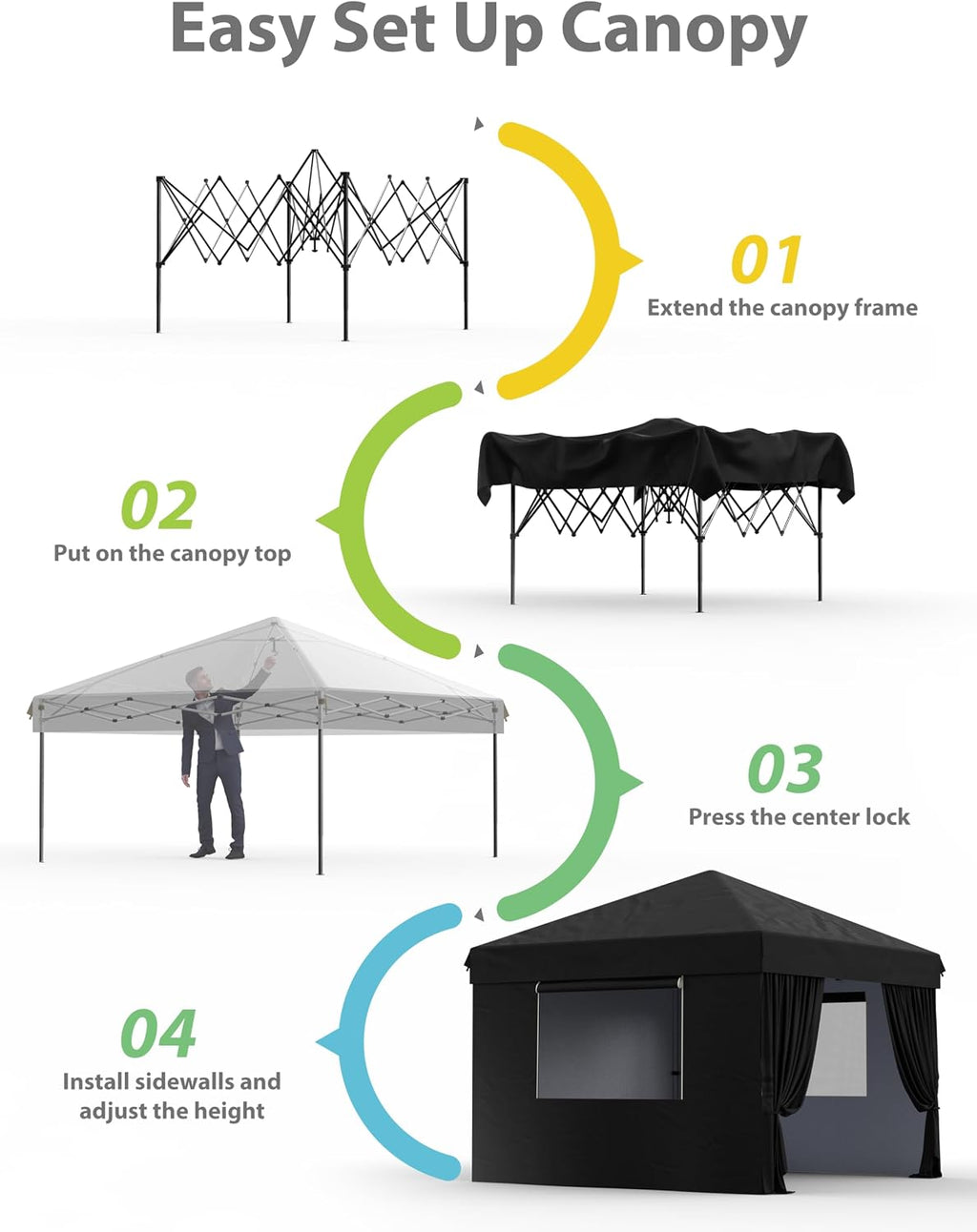GAOMON 10'x10' Pop Up Canopy Tent with 4Pcs Sidewalls, Portable Instant Commercial Canopy with 4 Stakes, 4 Ropes, 4 Sandbags for Farmers' Market, Patio, Outdoor, Camping, Black