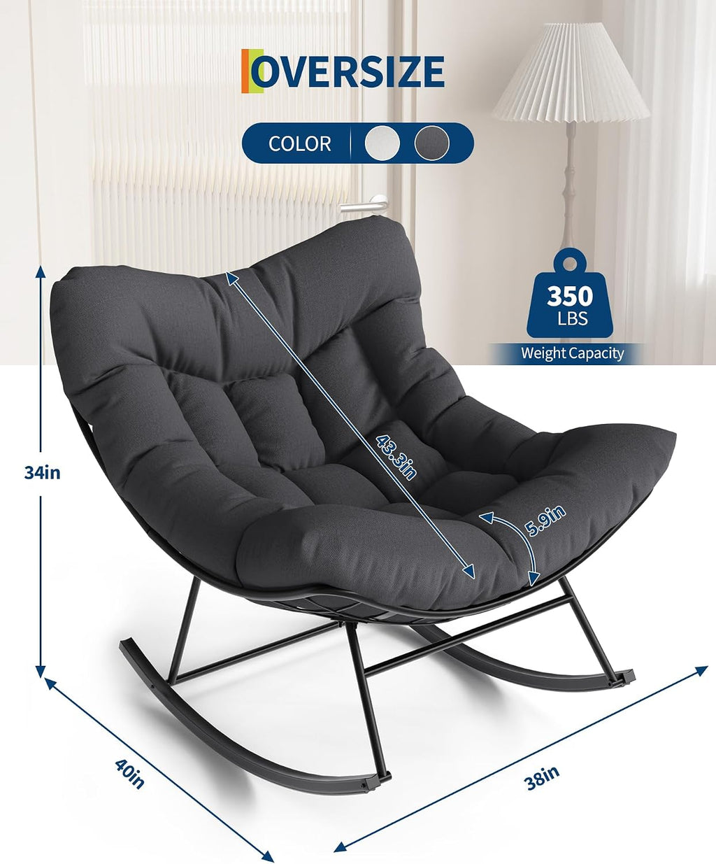 GarveeLife Outdoor Papasan Rocking Chair, Oversized Rocking Chair with Sturdy Metal Frame, Patio Egg Rocker for Balcony Backyard Porch Bedroom, Grey