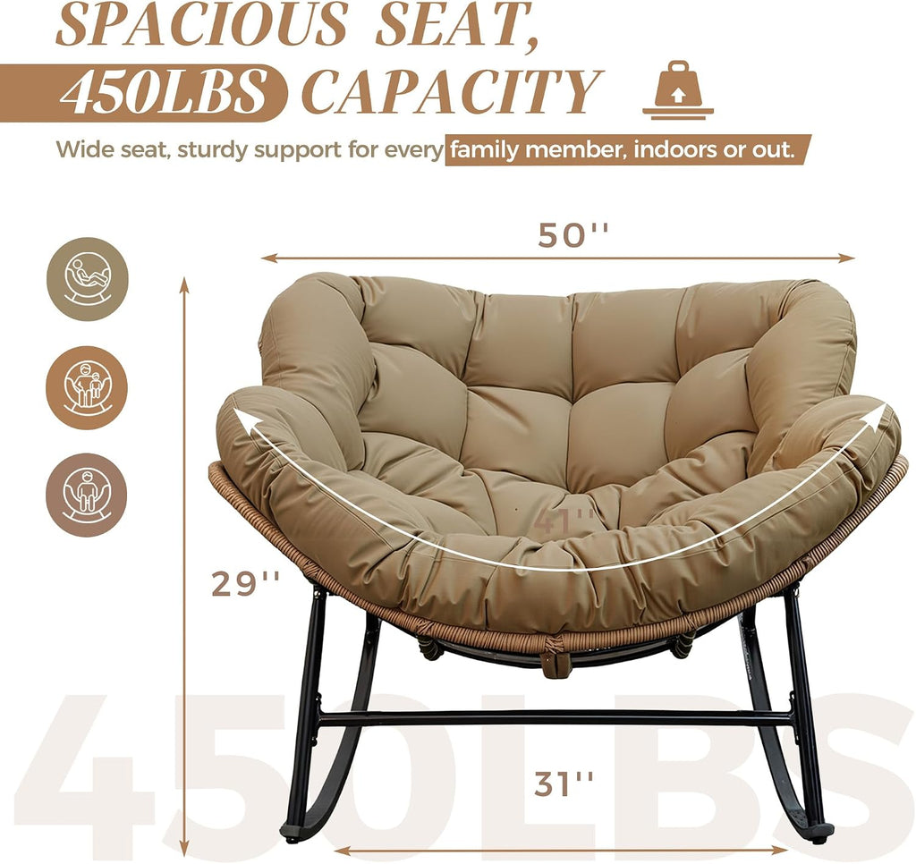 BULEXYARD Outdoor Papasan Rocking Chair with Cushion and Frame, Oversized Large Patio Lounge Chairs, Rattan Comfy Egg Recliner Chair, 450 Lbs Capacity Glider Rocker for Outside Bedroom Garden Brown