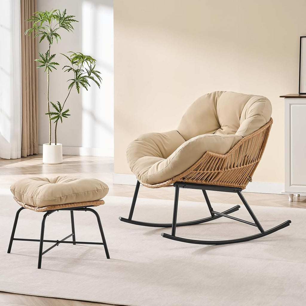 ONBRILL Papasan Rocking Chair with Ottoman,Oversized Papasan Chair with Padded Cushion, Indoor & Outdoor Rocker Chair for Living Room, Patio, Garden, Beige