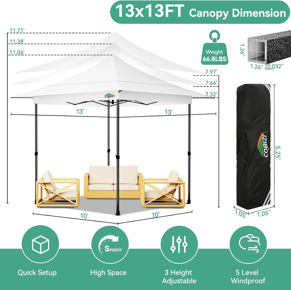 COBIZI 13x13 Pop Up Canopy Tent Heavy Duty with Sidewalls & Auto-Extending Eaves Outdoor Gazebo Easy Up for Backyard Party Commercial Events, All Weather Waterproof UV 50+(Leg Upgraded) White