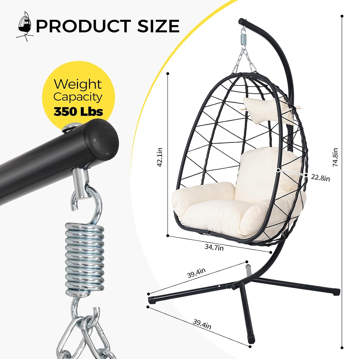 Egg Chair with Stand, Wicker Hanging Chair for Outdoor Patio, Cushioned Hammock Swing for Bedroom Garden Indoor/Outdoor, Double-Zipper Structure Hanging Egg Chair (Black and White)