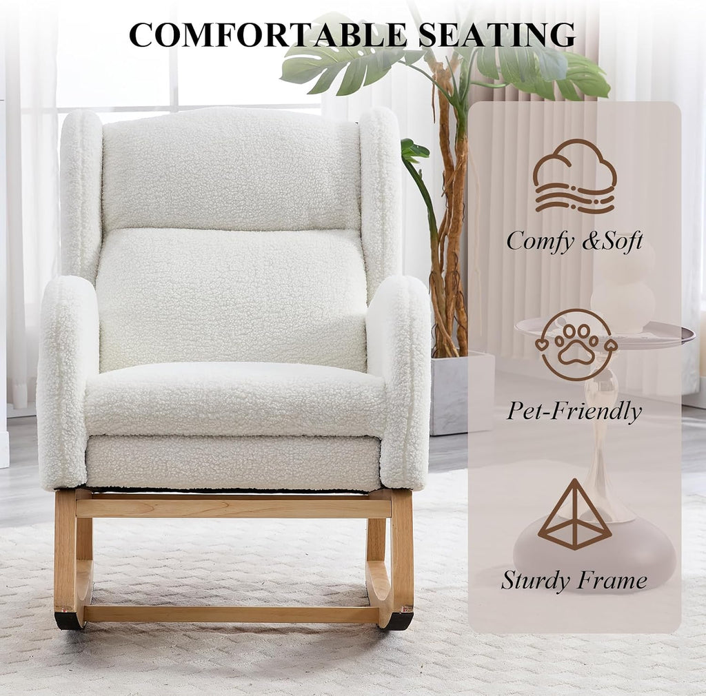 NIOIIKIT Nursery Rocking Chair with Footrest, Teddy Upholstered Glider Chair, Rocker Nursery Chair with Side Pocket, Glider Rocker, Accent Reading Chair for Living Room (White Teddy)