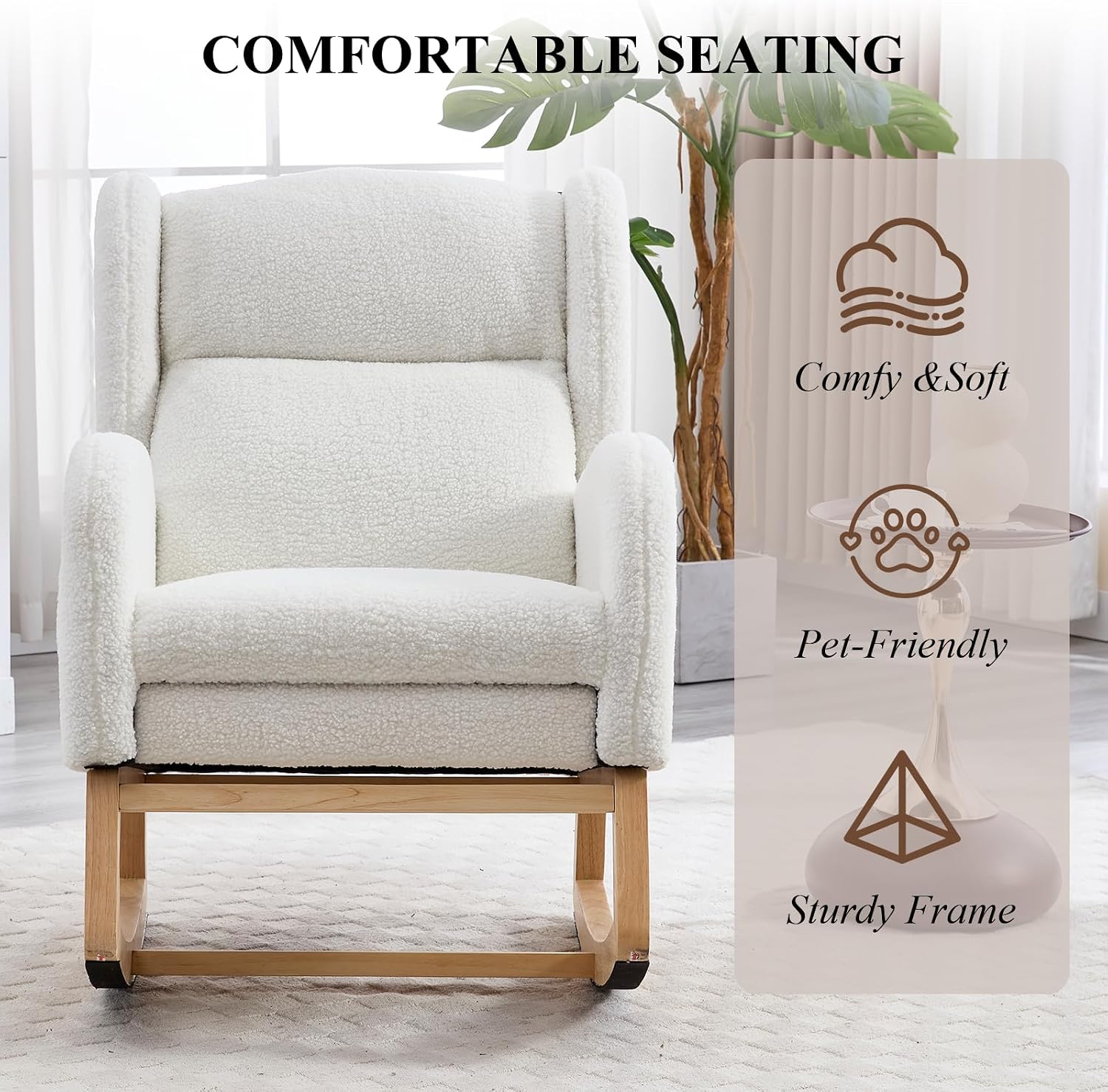 NIOIIKIT Nursery Rocking Chair with Footrest, Teddy Upholstered Glider Chair, Rocker Nursery Chair with Side Pocket, Glider Rocker, Accent Reading Chair for Living Room (White Teddy)
