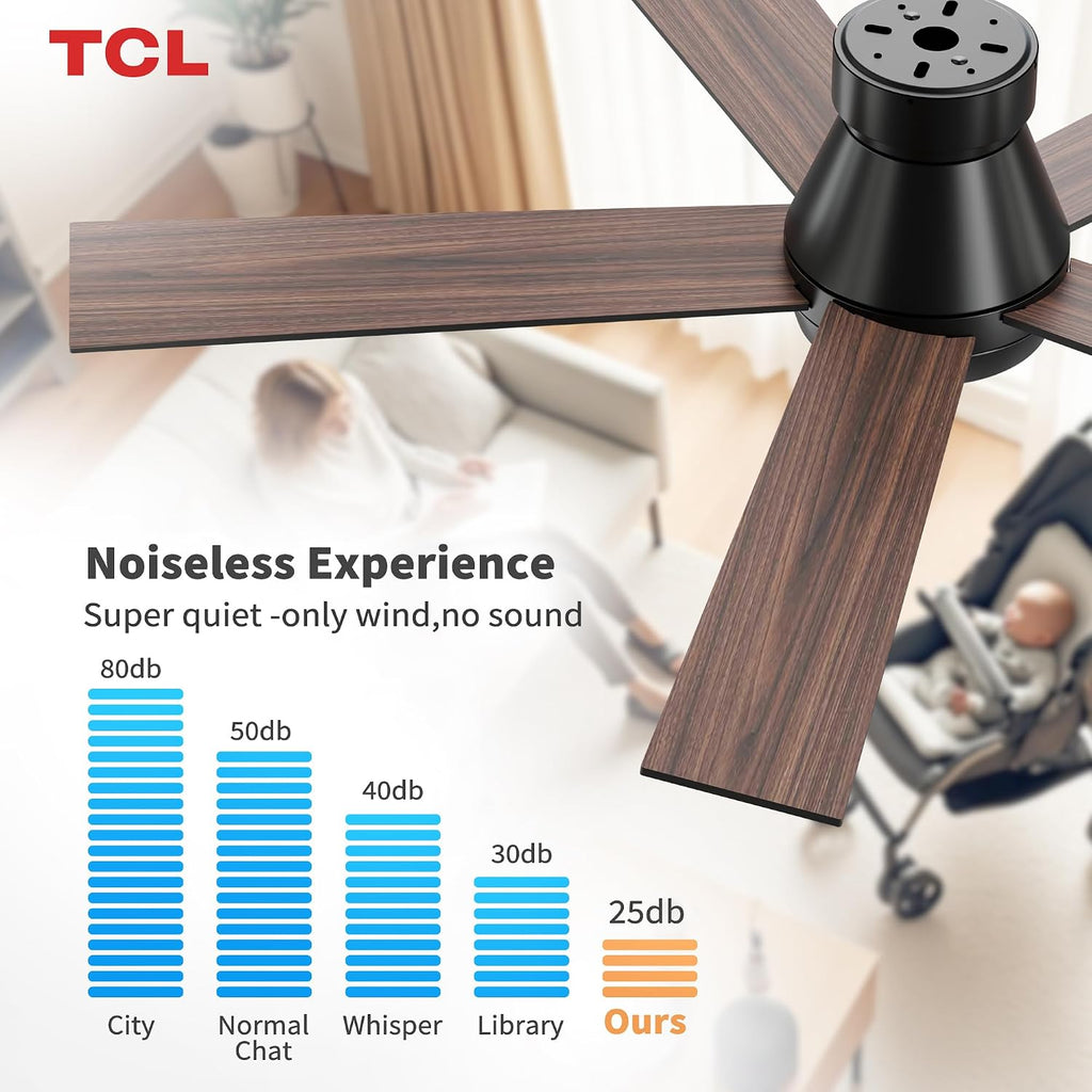 TCL 52' Black Ceiling Fan with Light and Remote, Modern LED 3-Color, 3CCT, Quiet Motor for Bedroom, Living Room, Dining Room, Ceiling Fans with Lights (Black)