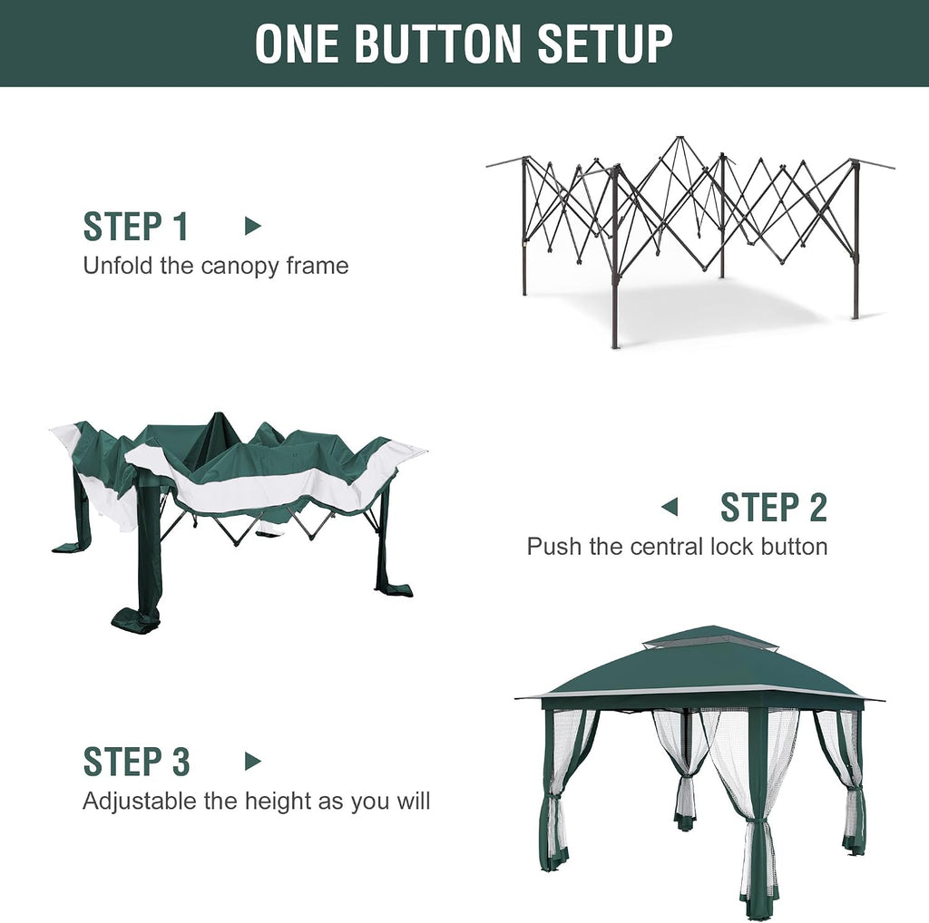 Pop Up Gazebo 11x11, Outdoor Instant Canopy Shelter Tent with Mosquito Netting Metal Frame Storage Bag for Patio Garden Backyard.(Green)