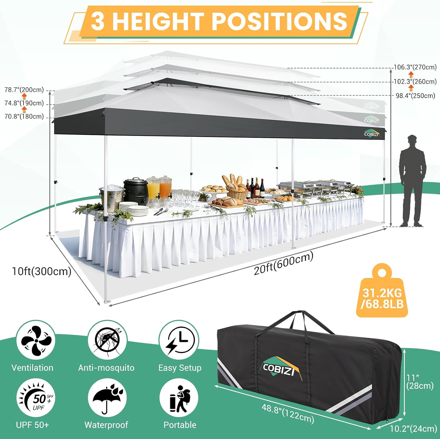 COBIZI 10x20 Pop Up Gazebo with Mosquito Netting Sidewalls, One Push Easy Up Canopy with Dual Vent Roof, Waterproof&UV 50+ Screen Tents for Parties, Backyard, Patio, Commercial Event, Light Gray&Gray
