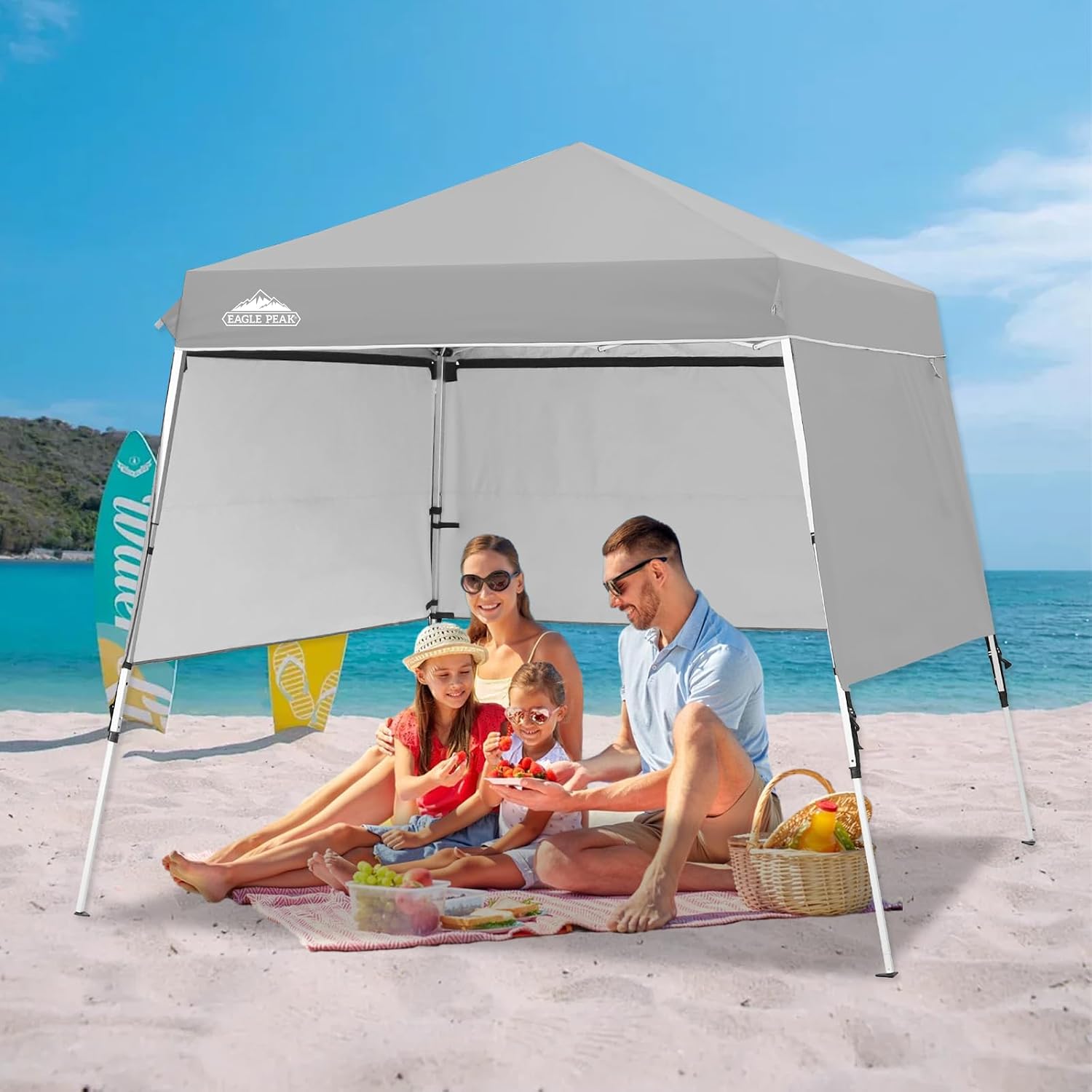 EAGLE PEAK Day Tripper 8x8 Aluminum Super-Lightweight Pop Up Canopy with 3 Removable Walls, Instant Outdoor Backpack Canopy Tent, Outside Beach Folding Sun Shelter, 8x8 Base 6x6 Top, Light Gray