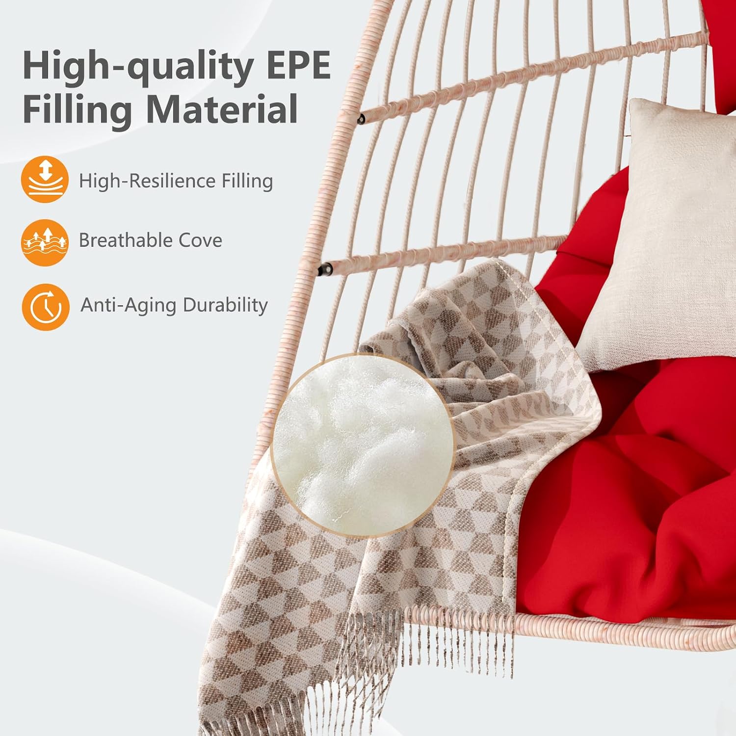 KEIKI Swing Egg Chair Without Stand, Foldable Patio Rattan Wicker Hammock Egg Chair with Cushion, Outdoor Indoor Hanging Basket Chair, 270LBS Capacity for Porch, Garden, Bedroom, Balcony, Red