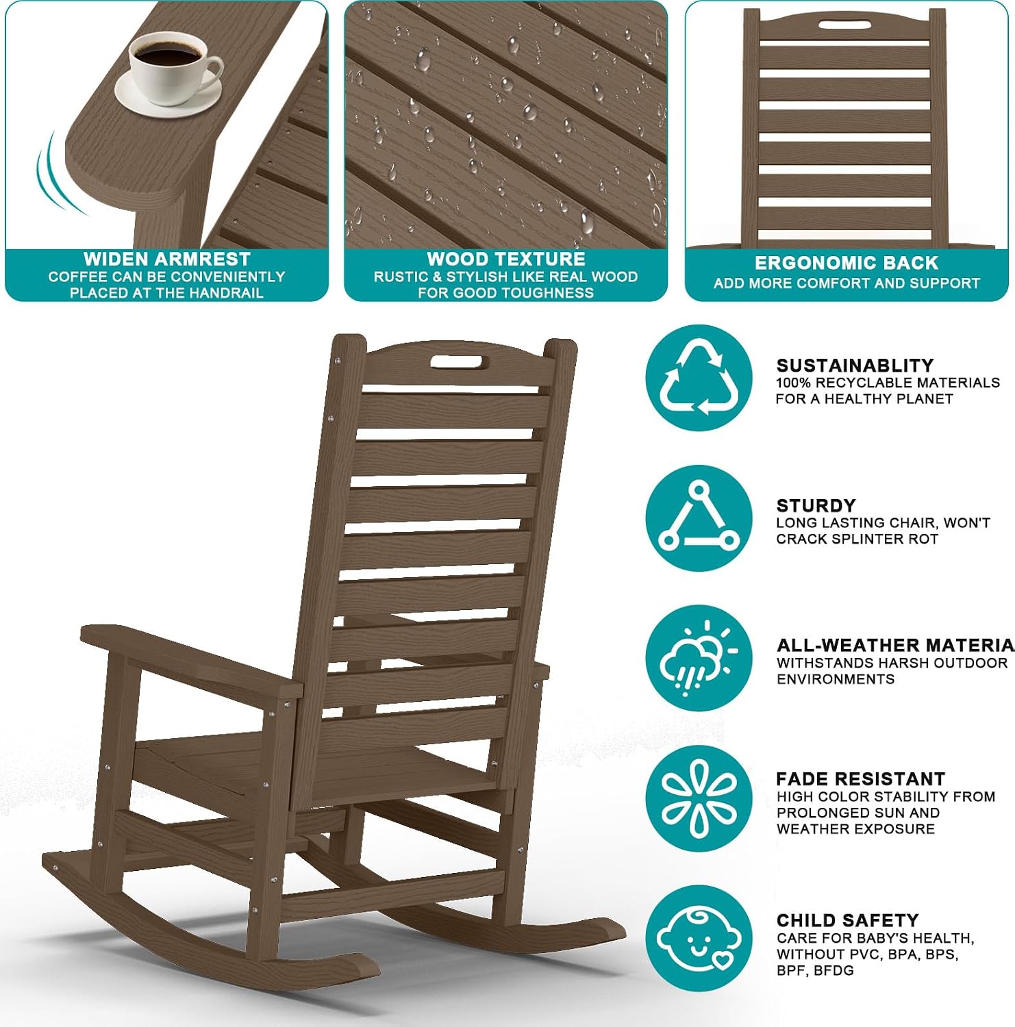PLUUV Outdoor Rocking Chair with Removable Footboard for Adults, HDPE High Back Patio Rocking Chairs, 330lbs All Weather Porch Rocking Chairs for Outdoor & Indoor -Brown