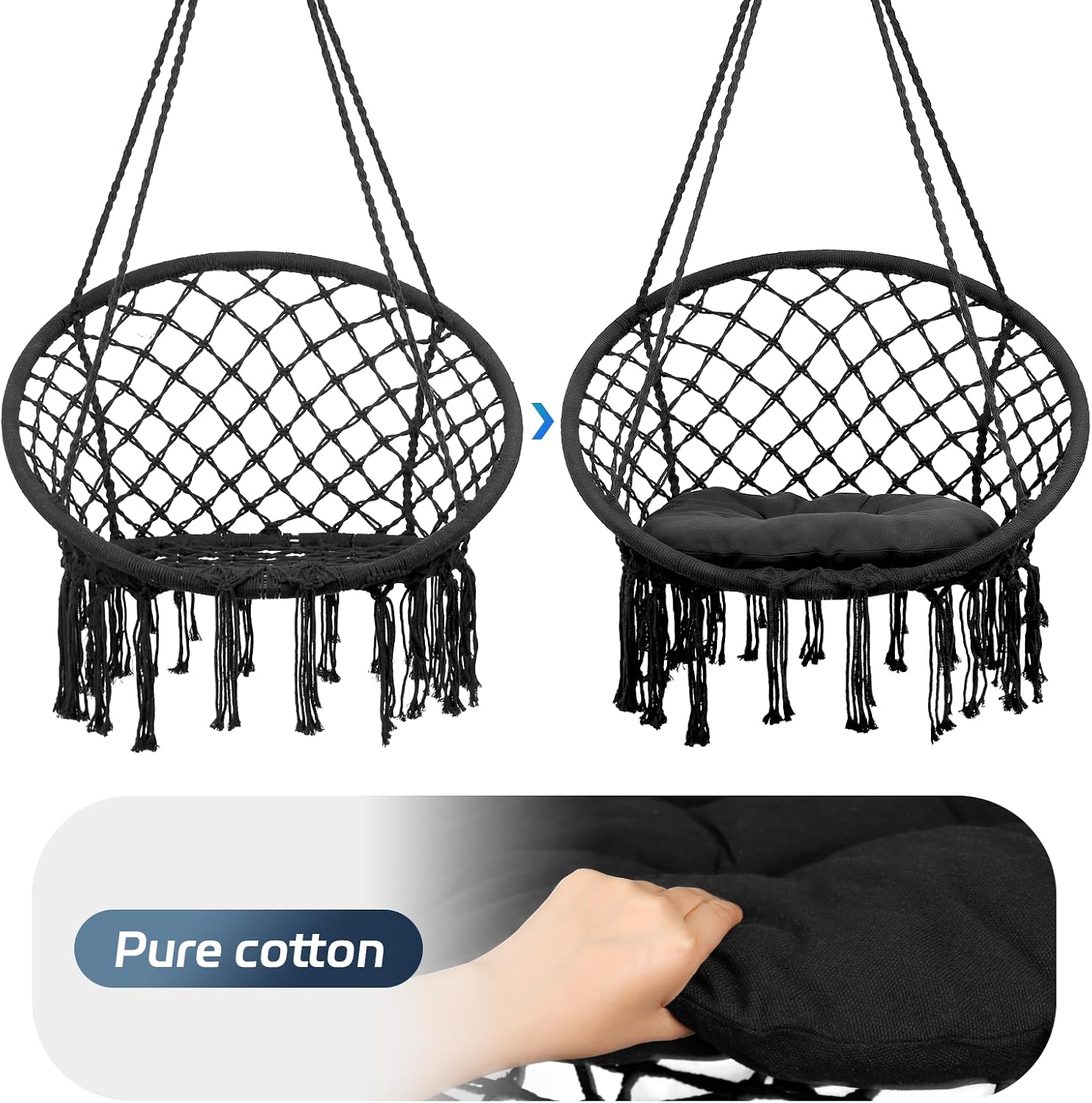 Hanging Swinging Chair, Macrame Hammock Hanging Swinging Chairs with Soft Cushions and Hardware Accessories, Hanging Chair for Indoor and Outdoor Use, 3 Installation Methods, Beige (3, Black)