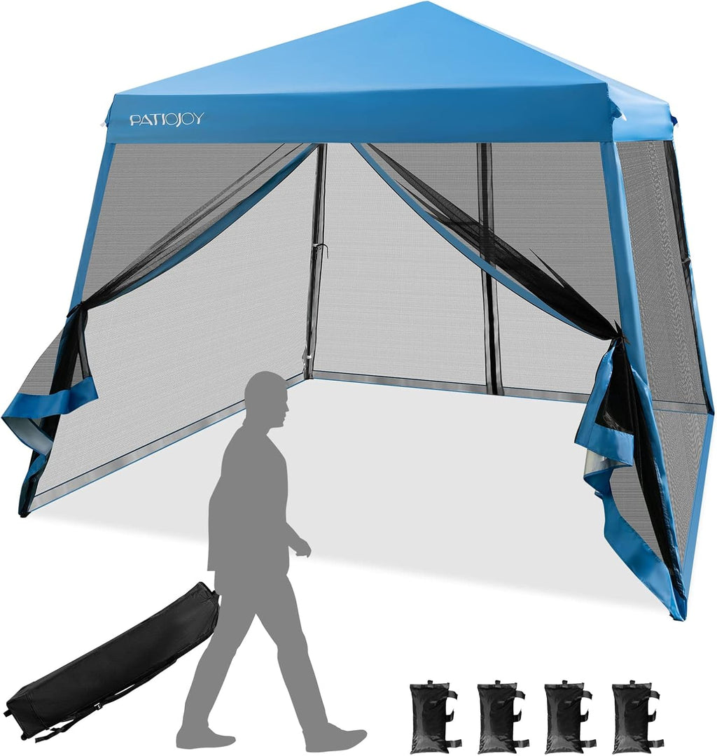 Tangkula 10x10 Ft Pop Up Canopy with Netting, Slanted Leg Outdoor Tent with Roller Bag, 4 Sand Bags, 8 Stakes, 4 Ropes, Instant Canopy Tent with Easy Set-up Center Lock for Patio (Blue)