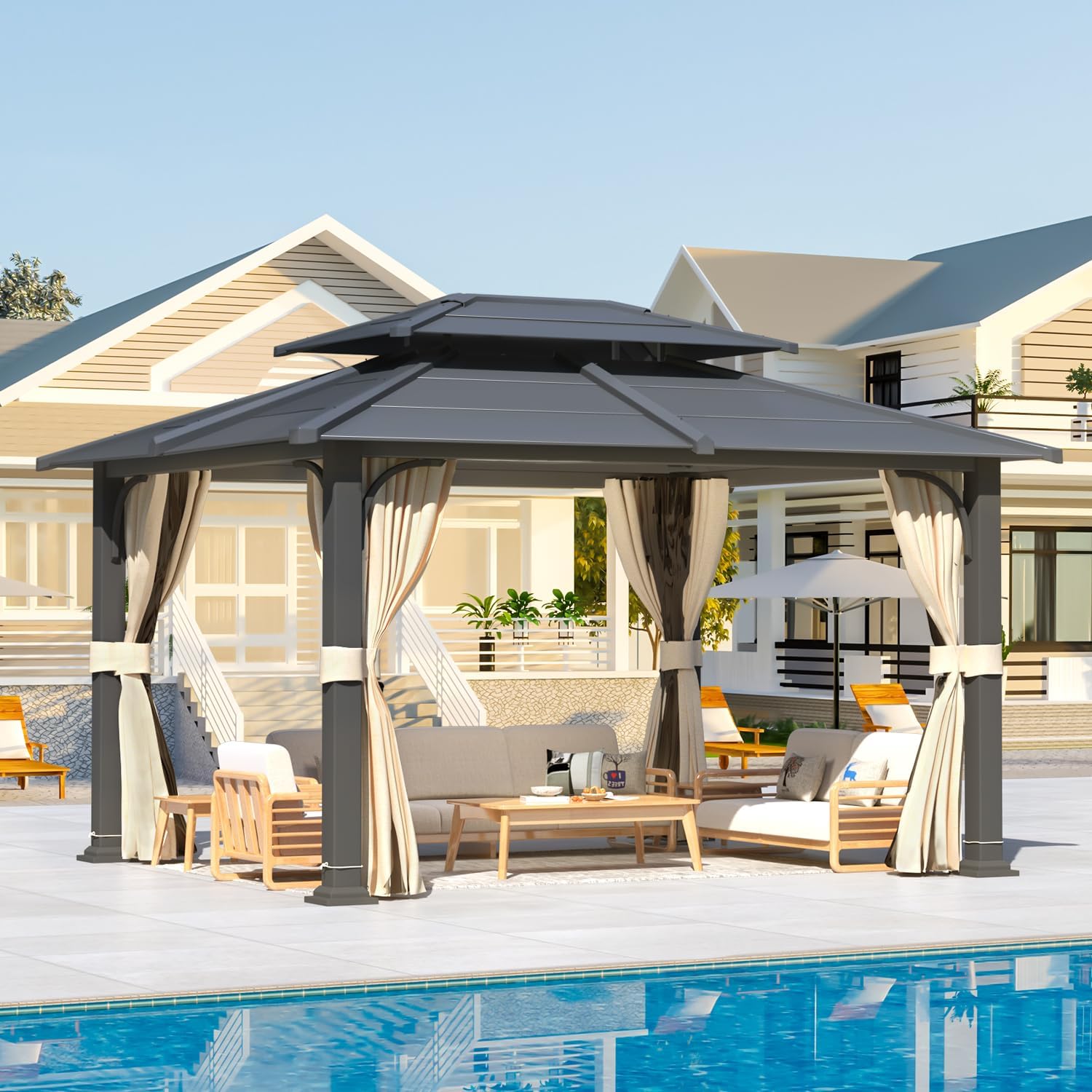 YOLENY 12'x 14' Gazebo with Galvanized Steel Roof, Double Roof Design with Anti-Rust Coating, Outdoor Gazebos with Curtains and Netting, Sunshade for Gardens, Lawns, Deck