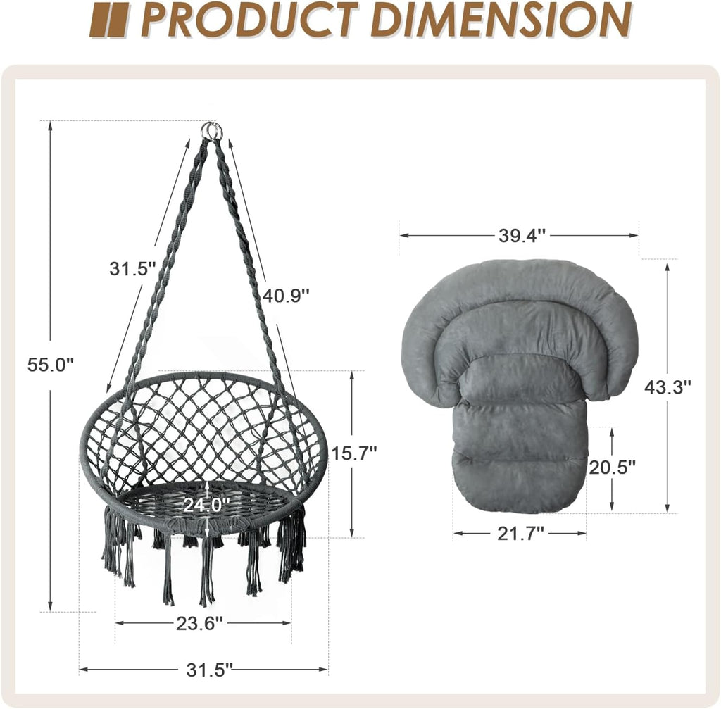 Hammock Chair with Cushion, Handmade Macrame Swing Chair with Hanging Hardware Kits, Bohemian Style Cotton Rope Hanging Chair for Bedroom Indoor Outdoor, Dark Grey