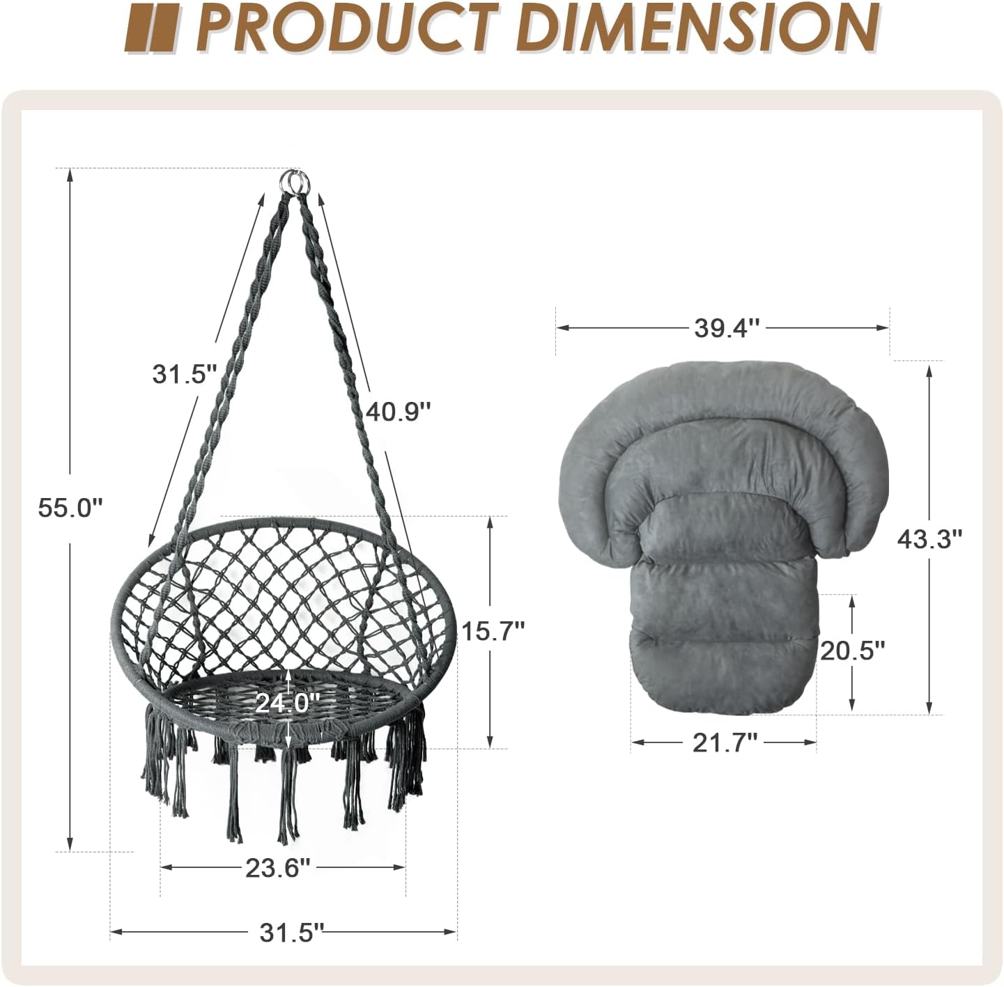 Hammock Chair with Cushion, Handmade Macrame Swing Chair with Hanging Hardware Kits, Bohemian Style Cotton Rope Hanging Chair for Bedroom Indoor Outdoor, Dark Grey