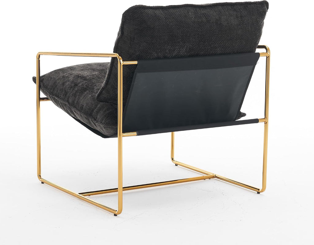 Comfy Sling Accent Chair Set of 2 Upholstered Hanging Armchairs with Pockets Metal Frame Skin-Friendly Fabric Reading Chair for Living Room Bedroom (Dark Grey Cushion & Gold Metal Frame)