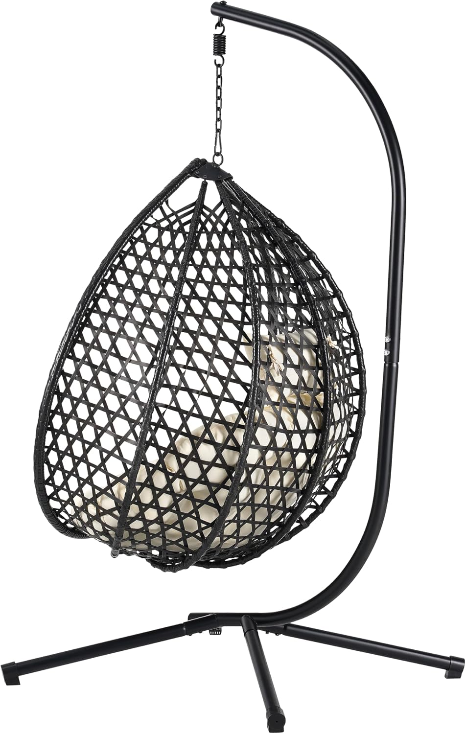 Sturdy Hammock Chair with Stand, Durable Hanging Egg Chair with Rattan Weaving,Comfortable Indoor Outdoor Swing Chairs with Soft Removable Cushion,Suitable for Balcony, Bedroom,or Garden, Black+Beige