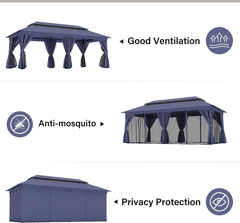 LAUSAINT HOME 10'x20' Outdoor Gazebo with 100FT String Lights, Metal Heavy Duty Patio Canopy Tent with Double Roofs, Mosquito Nettings and Privacy Screens for Backyard, Garden, Lawn, Navy Blue