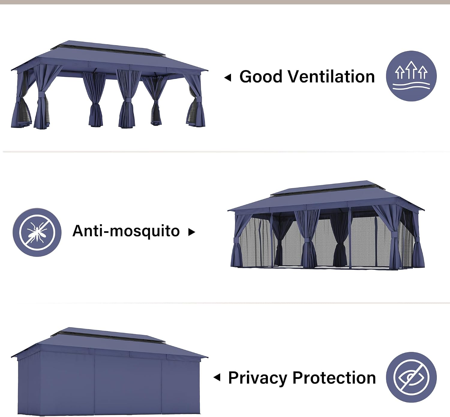 LAUSAINT HOME 10'x20' Outdoor Gazebo with 100FT String Lights, Metal Heavy Duty Patio Canopy Tent with Double Roofs, Mosquito Nettings and Privacy Screens for Backyard, Garden, Lawn, Navy Blue