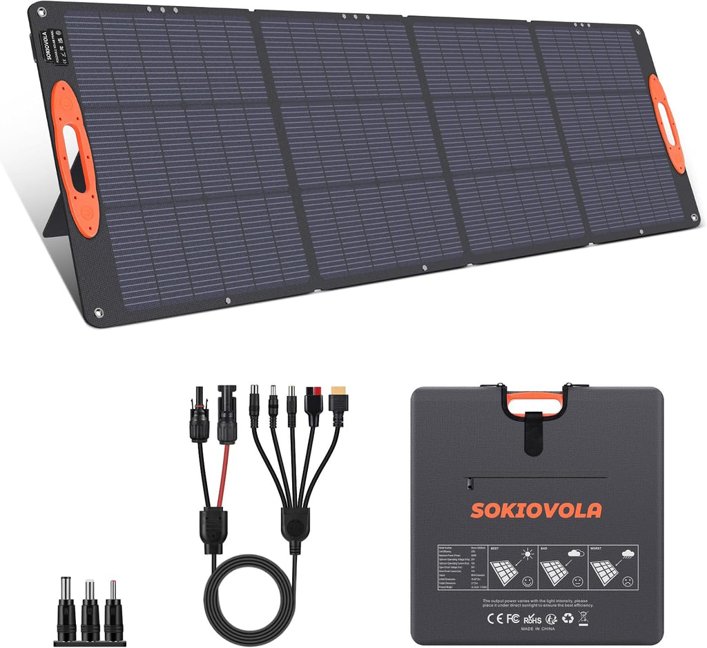 SOKIOVOLA N-Type 16BB 200W Portable Solar Panel for EF/Jackery/Bluetti/Anker Power Station Foldable Solar Panel 25% High Efficiency IP68 Waterproof for Outdoor Trip RV Camping Blackout Off Grid
