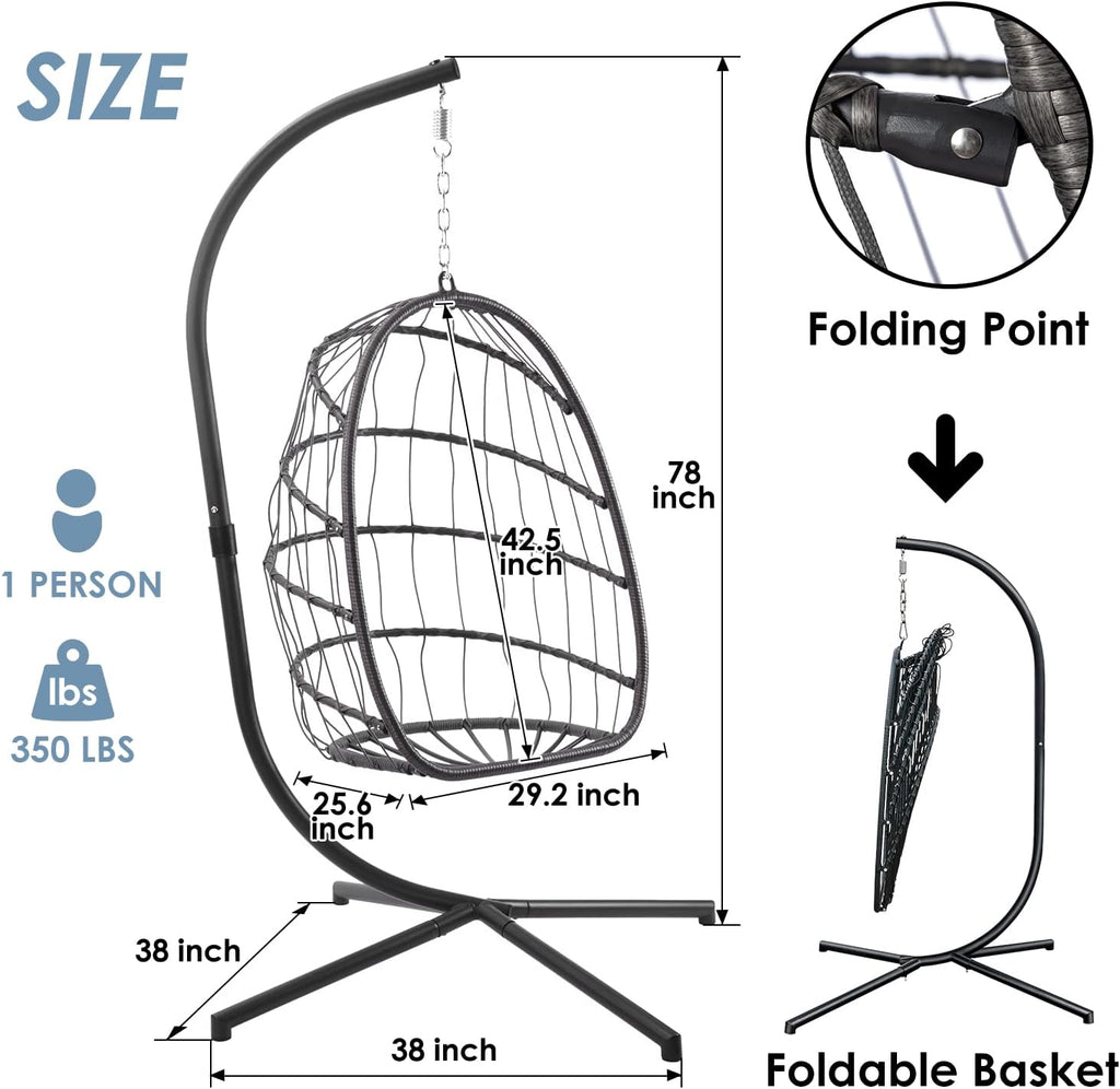 XIAO WEI Egg Chair with Stand - Patio Rattan Wicker Hanging Swing Egg Chair Hammock Chair for Indoor Outdoor Bedroom Garden - Aluminum Steel Frame and UV Resistant Cushion 350LBS Capacity (Dark Grey)