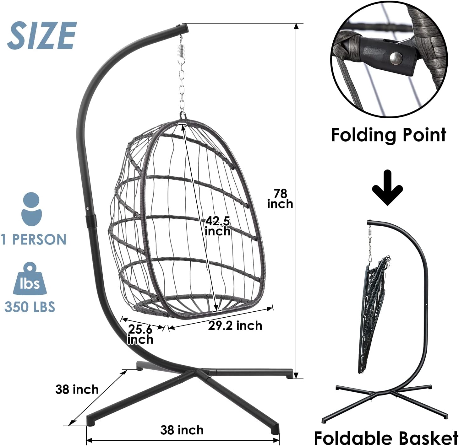 XIAO WEI Egg Chair with Stand - Patio Rattan Wicker Hanging Swing Egg Chair Hammock Chair for Indoor Outdoor Bedroom Garden - Aluminum Steel Frame and UV Resistant Cushion 350LBS Capacity (Dark Grey)