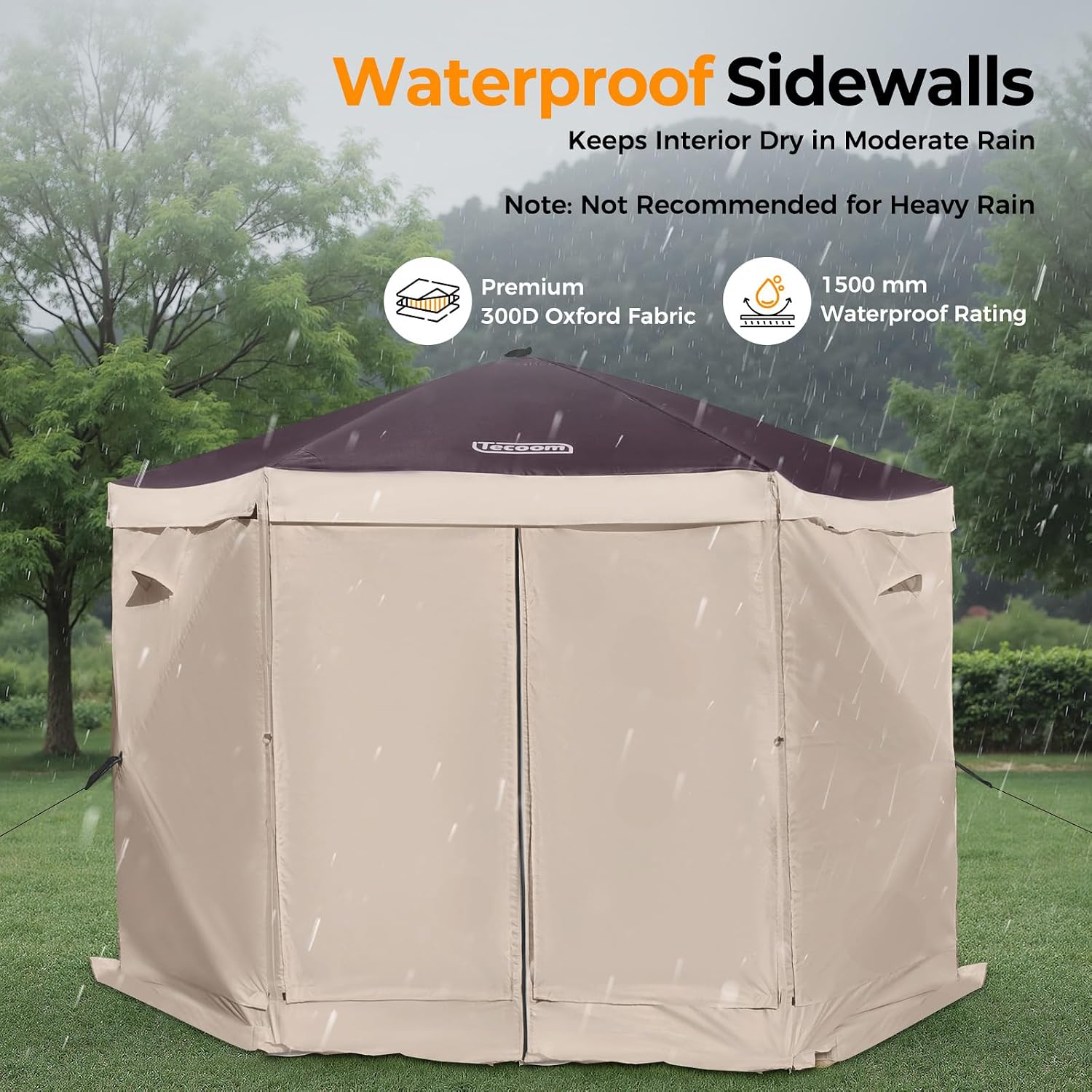 Tecoom 6 Side Pop Up Gazebo Tent, 10x10ft Waterproof Instant Screen with Mosquito Netting, Portable Outdoor Canopy with 4 Removable Wind Cloths, Sun Shelter for Camping, Garden and Picnics, Khaki