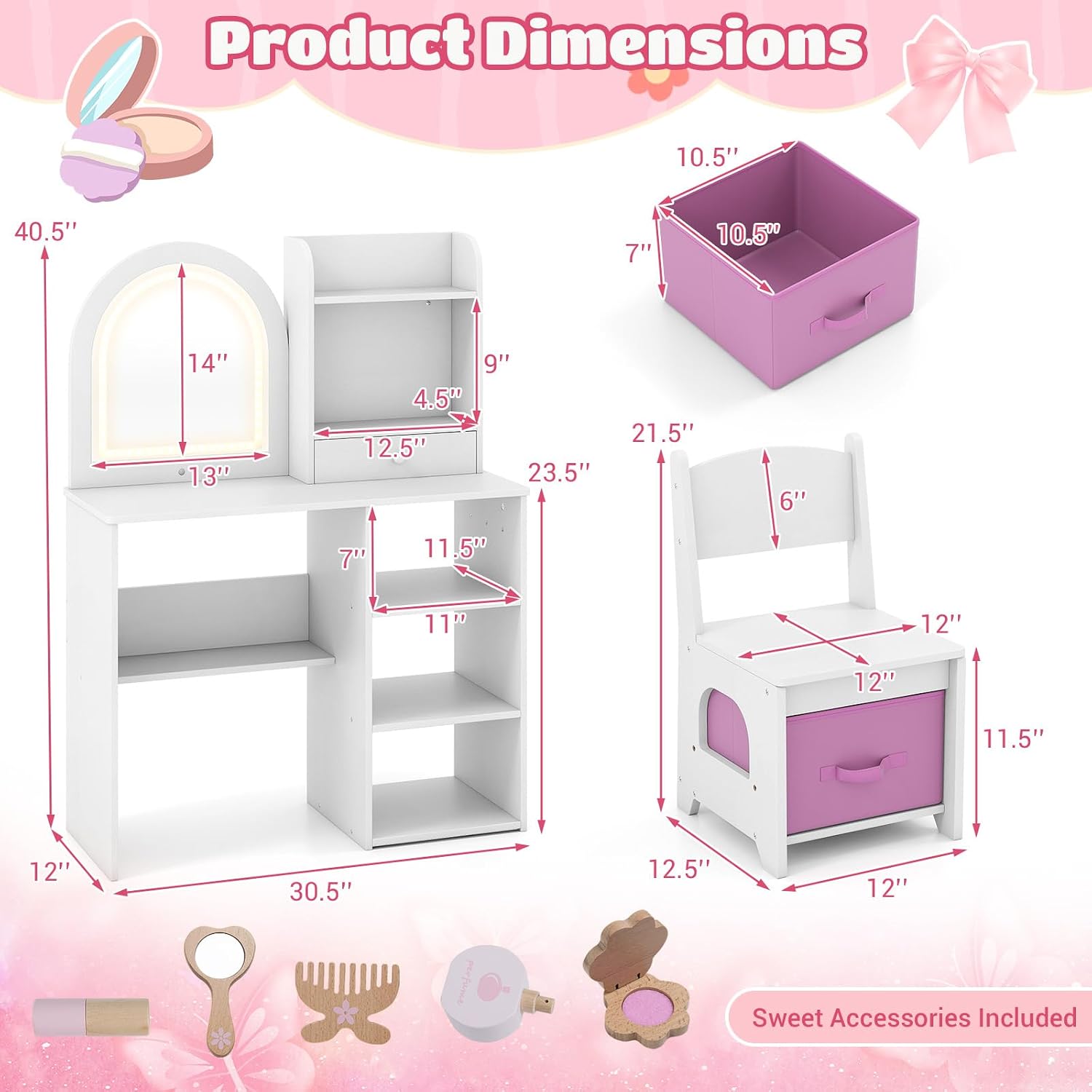 Costzon Kids Vanity with Lights, Girls Vanity Set with Mirror, Storage Drawer, Hooks & Shelves, Toddler Makeup Vanity Desk Dressing Table, Wooden Kids Vanity Table and Chair Set (White)