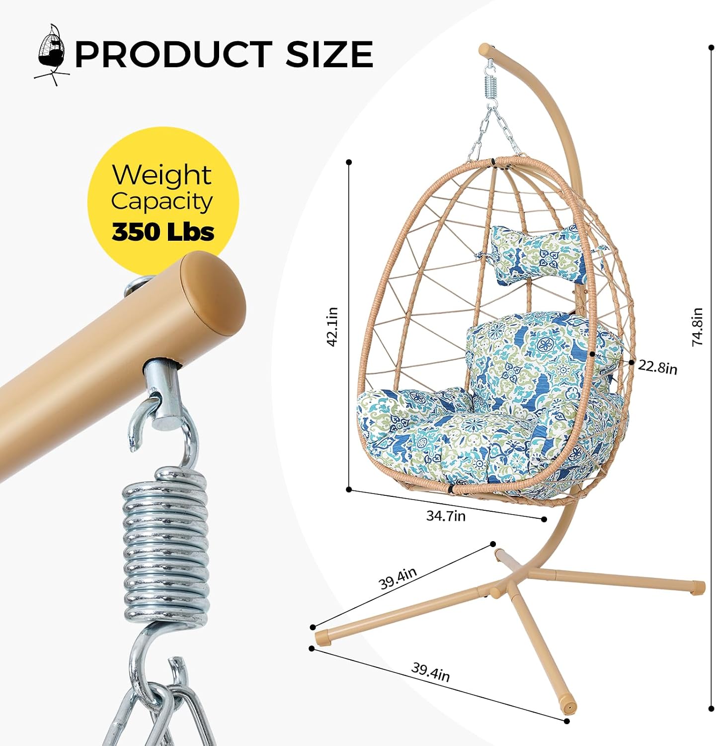 Egg Chair with Stand, Wicker Hanging Chair for Outdoor Patio, Cushioned Hammock Swing for Bedroom Garden Indoor/Outdoor, Double-Zipper Structure Hanging Egg Chair (Yellow and Moroccan)